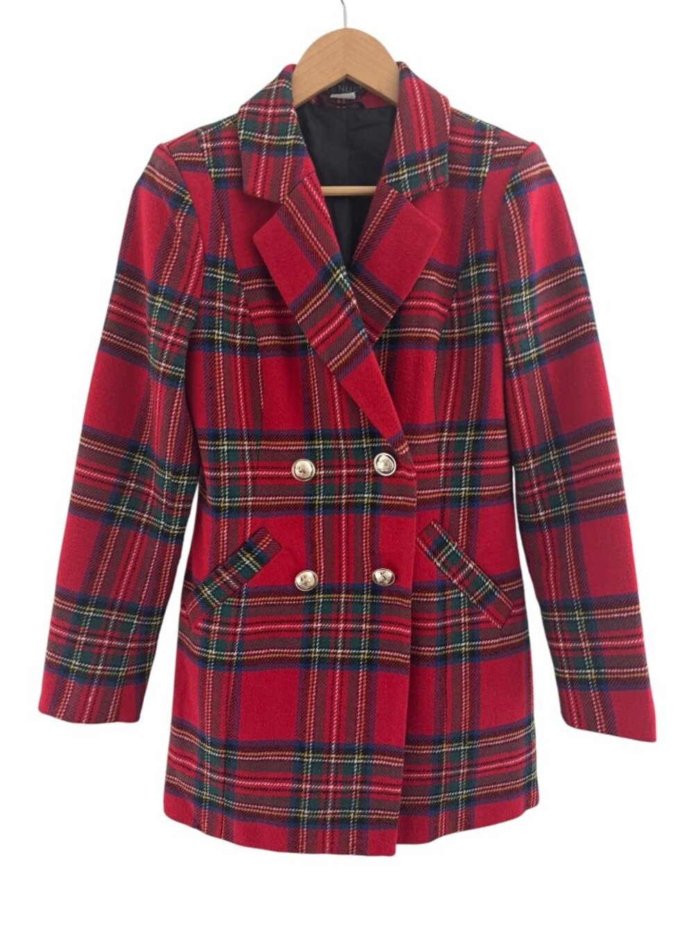 Red Plaid Wool Blend Double-Breasted Coat Jacket Size 6 Christmas Holiday Blazer
